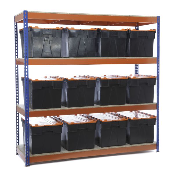 Heavy Duty Shelving Blue and Orange 4 Levels | 1800mm x 1800mm x 600mm with 12 65LTR CROC Storage Boxes