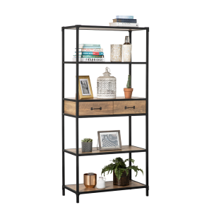 5 Tier Bookshelf Bookcase With Drawers - Mid Oak Finish With Matt Black Metal Frame 1740mm H x 800mm W x 395mm D
