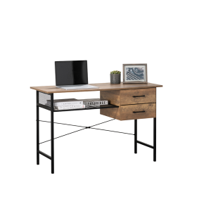 Writing Table Desk Mid Oak Style With Industrial Details & Drawers 760mm H x 1200mm W x 500mm D