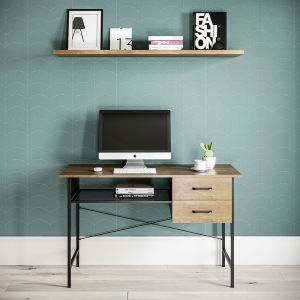 Writing Table Desk Mid Oak Style With Industrial Details & Drawers 760mm H x 1200mm W x 500mm D