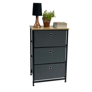 3 Tier Set of Charcoal Grey Canvas  Fabric Drawers With Oak effect Melamine Top & Black Metalwork 710mm H x 450mm W x 300mm D
