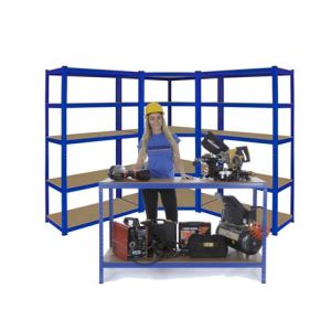 Heavy Duty Garage Corner Kit 1x Corner 2x Heavy Duty Shelving | 1800mm H x 1200mm W x 450mm D With Large Work Bench 275KG UDL