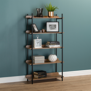 5 Tier Contemporary Industrial Bookcase Shelving Oak Style Finish & Matt Black Metalwork - 1500mm H x 800mm W x 345mm D