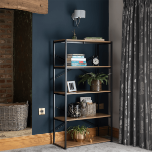 5 Tier Contemporary Industrial Bookcase Shelving Oak Style Finish & Matt Black Metalwork - 1480mm H x 800mm W x 340mm D