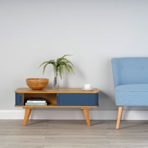 Bamboo Coffee Table with Dark Blue Sliding Doors 400mm H x 1000mm W x 500mm D