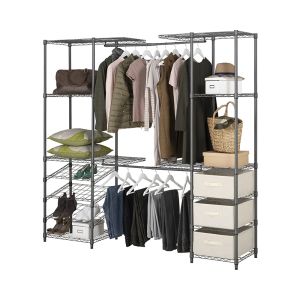 Extendable Grey Wardrobe Clothes Rail With 3 x Cream Linen Pull Out Storage Baskets 2013mm H x 1710mm/2100mm W x 457mm D