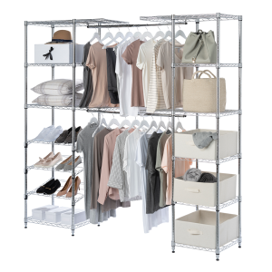 Extendable Chrome Wardrobe Clothes Rail With 3 x Cream Linen Pull Out Storage Baskets 2013mm H x 1710mm/2100mm W x 457mm D