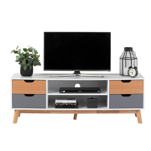 TV Stand Unit - White & Grey Finish with Beech Effect Scandi Style Legs 480mm H x 400mm D x 1400mm W