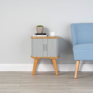 Bamboo Side Table with Light Grey Sliding Doors 580mm H x 450mm W x 450mm D