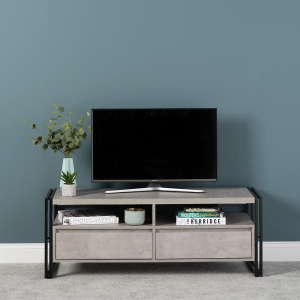 TV Table Stand - Mid Oak Finish With Matt Black Metal Frame 450mm H x 1200mm W x 400mm D