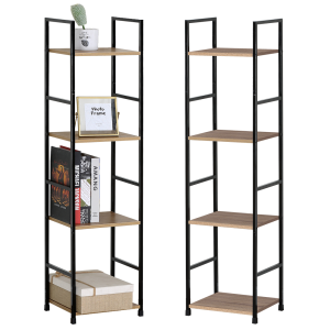 2 x 4 Tier Bookshelf Side Table, Oak Effect Shelves & Black Metalwork 1120mm H x 291mm W x 235mm D