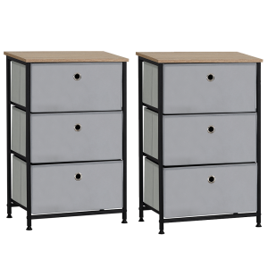 2 x 3 Tier Set of Light Grey Fabric Drawers With Oak effect Melamine Top & Black Metalwork 710mm H x 450mm W x 300mm D
