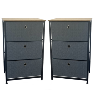 2 x 3 Tier Sets of Charcoal Grey Canvas Drawers With Oak effect Melamine Top & Black Metalwork 710mm H x 450mm W x 300mm D