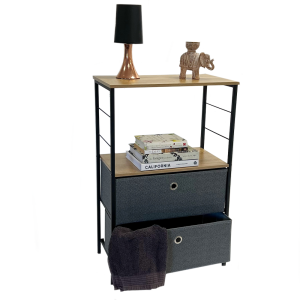Charcoal Grey Fabric Drawers Set With Oak effect Melamine Top & Black Metalwork 850mm H x 550mm W x 300mm D