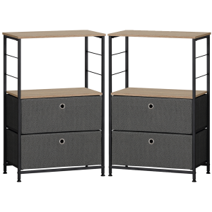 Set of 2 Charcoal Grey Fabric Drawers With Oak effect Melamine Top & Black Metalwork 850mm H x 550mm W x 300mm D