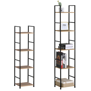 2 x Shelving Side Tables, Oak Effect Shelves & Black Metalwork 1 x 4 Tier and 1 x 5 Tier