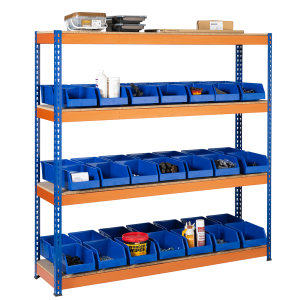 Heavy Duty Shelving/Racking blue and orange 5 Levels | 1800mm H x 1800mm W x 600mm D - 500KGs UDL with 42 Picking Parts Bins