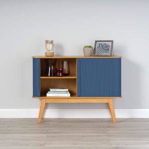 Bamboo Sideboard with Dark Blue Sliding Doors 800mm H x 1100mm W x 400mm D