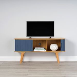 Bamboo TV Stand with Dark Blue Sliding Doors 580mm H x 1200mm W x 400mm D