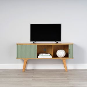 Bamboo TV Stand with Sage Green Sliding Doors 580mm H x 1200mm W x 400mm D