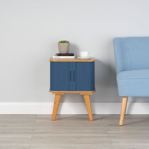 Bamboo Side Table with Dark Blue Sliding Doors 580mm H x 450mm W x 450mm D