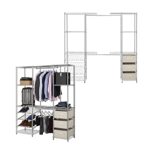 2 x Extendable Chrome Wardrobe Clothes Rail With 3 x Cream Linen Pull Out Storage Baskets 2013mm H x 1710/2100mm W x 457mm D