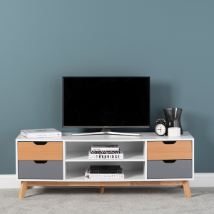 TV Stand Unit - White & Grey Finish with Beech Effect Scandi Style Legs 480mm H x 400mm D x 1400mm W